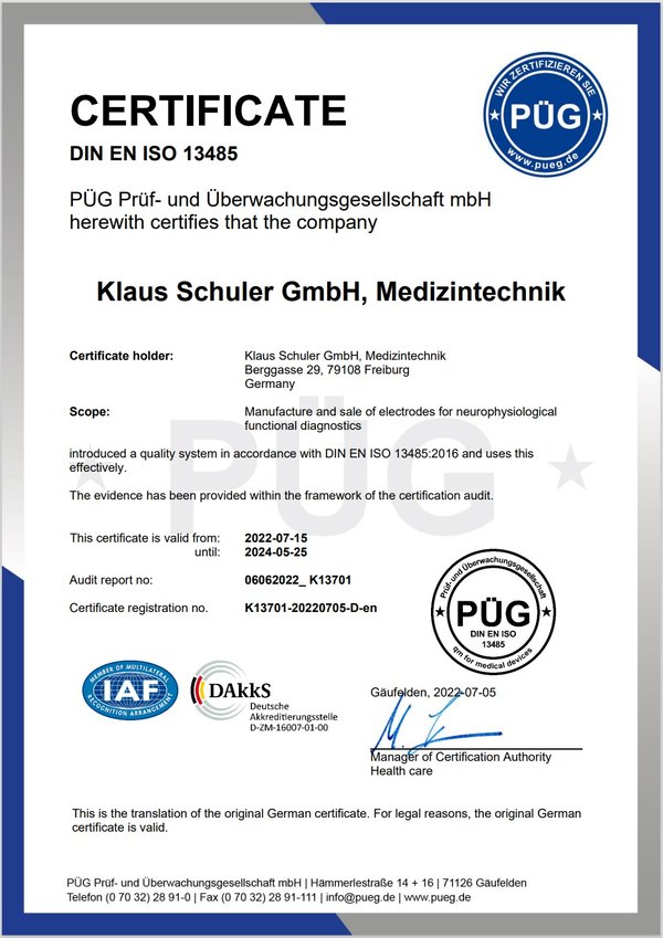 Certificate DIN EN ISO 13485 Schuler GmbH